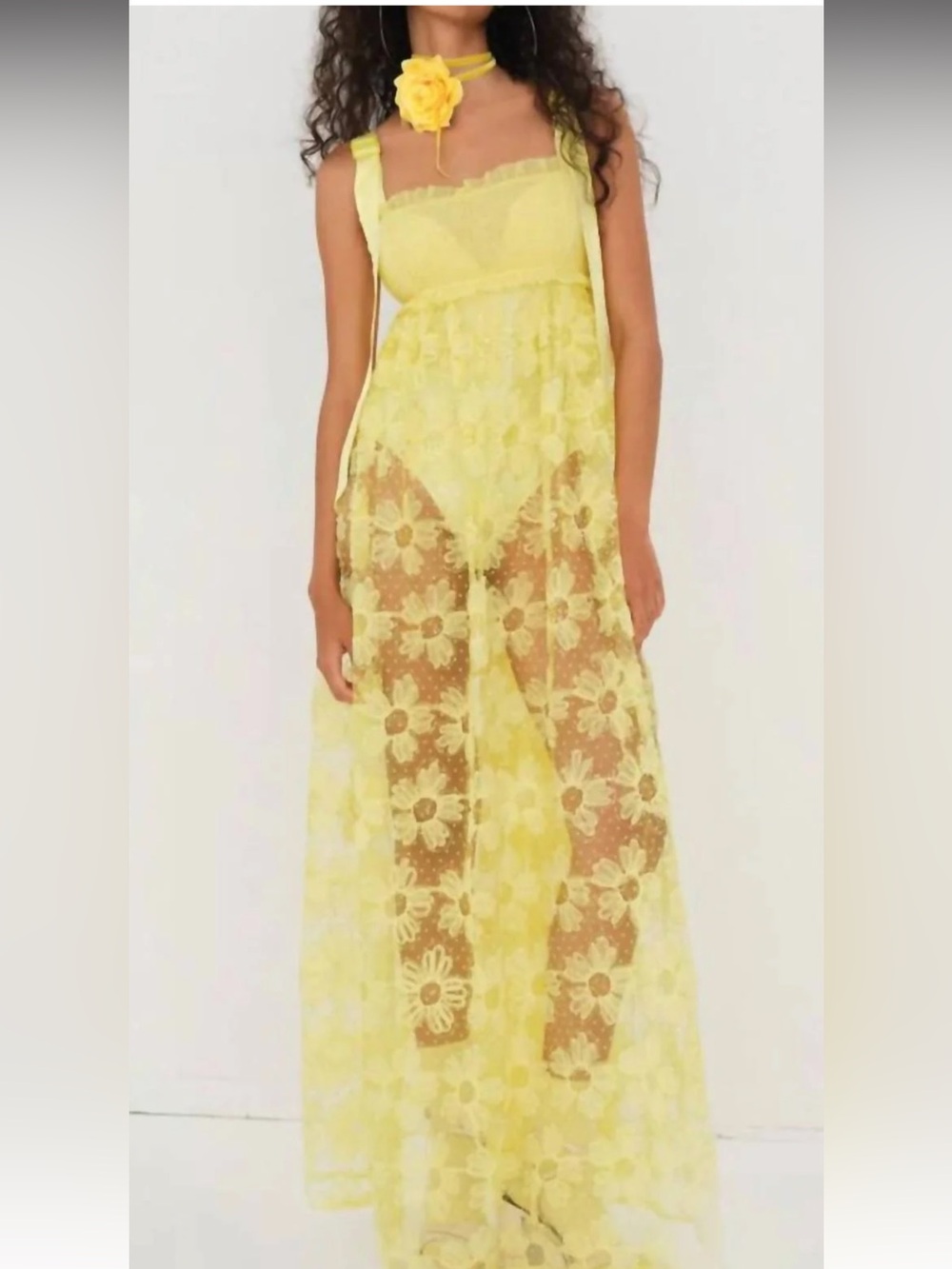 For Love & Lemons Emma Maxi Dress in Yellow Medium Floral Lace Sleeveless Lined
